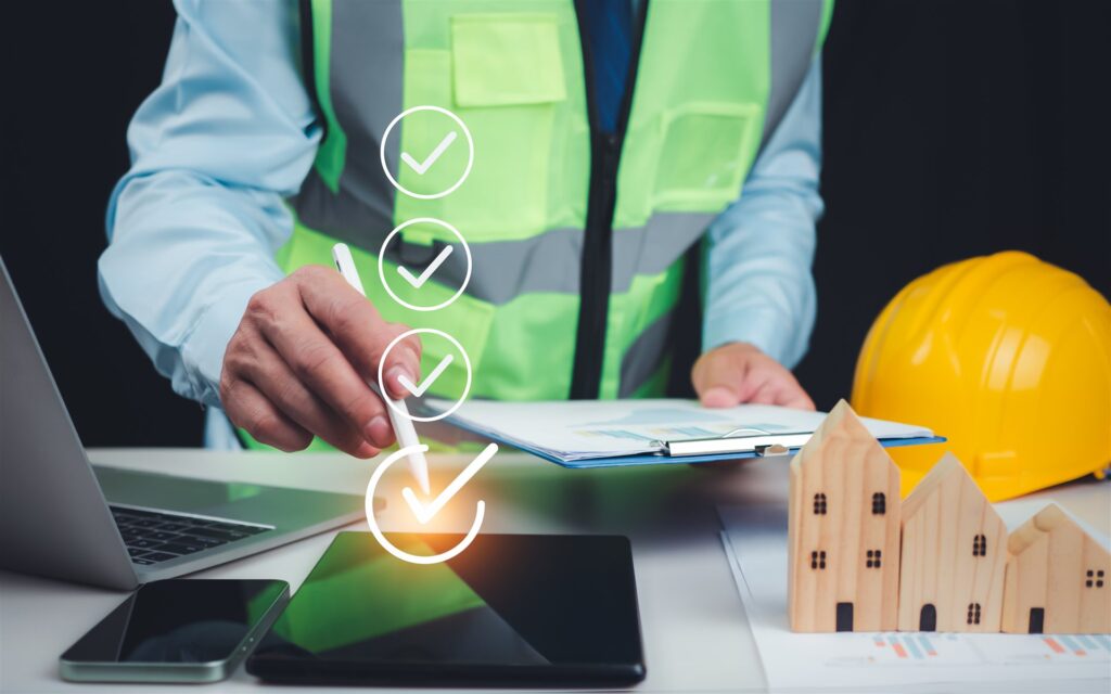 安全ベストの人がペンでチェックを付ける手元