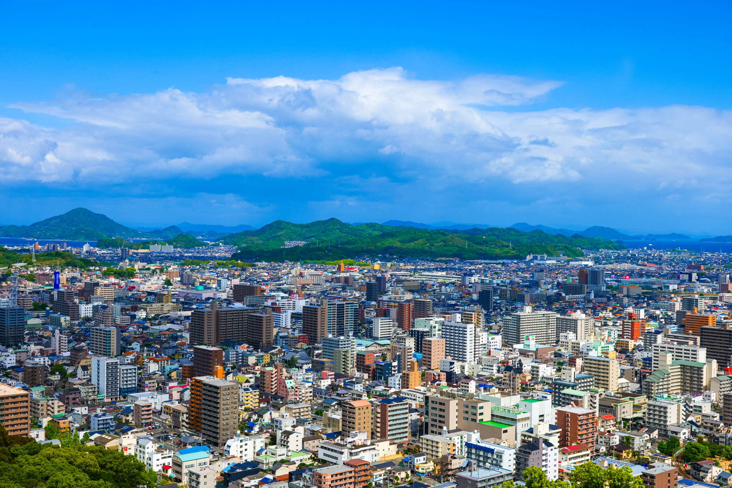 愛媛県松山市の街並みと山