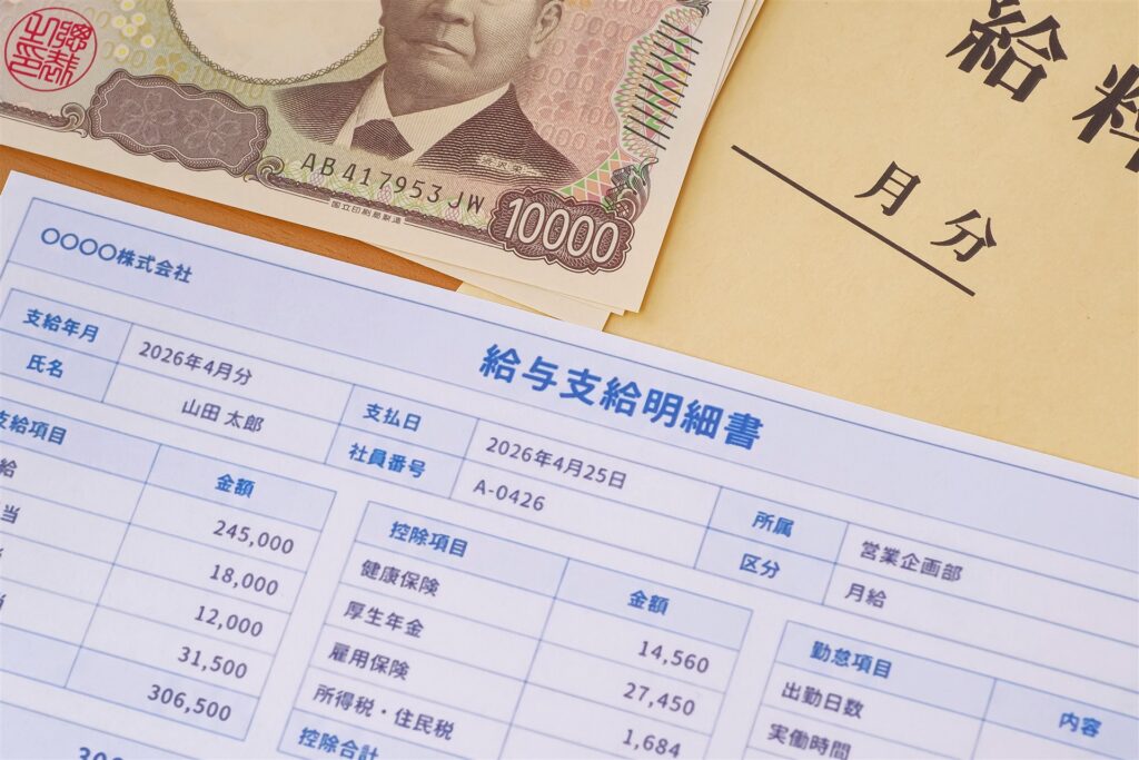 給与支給明細書と一万円札と給料袋