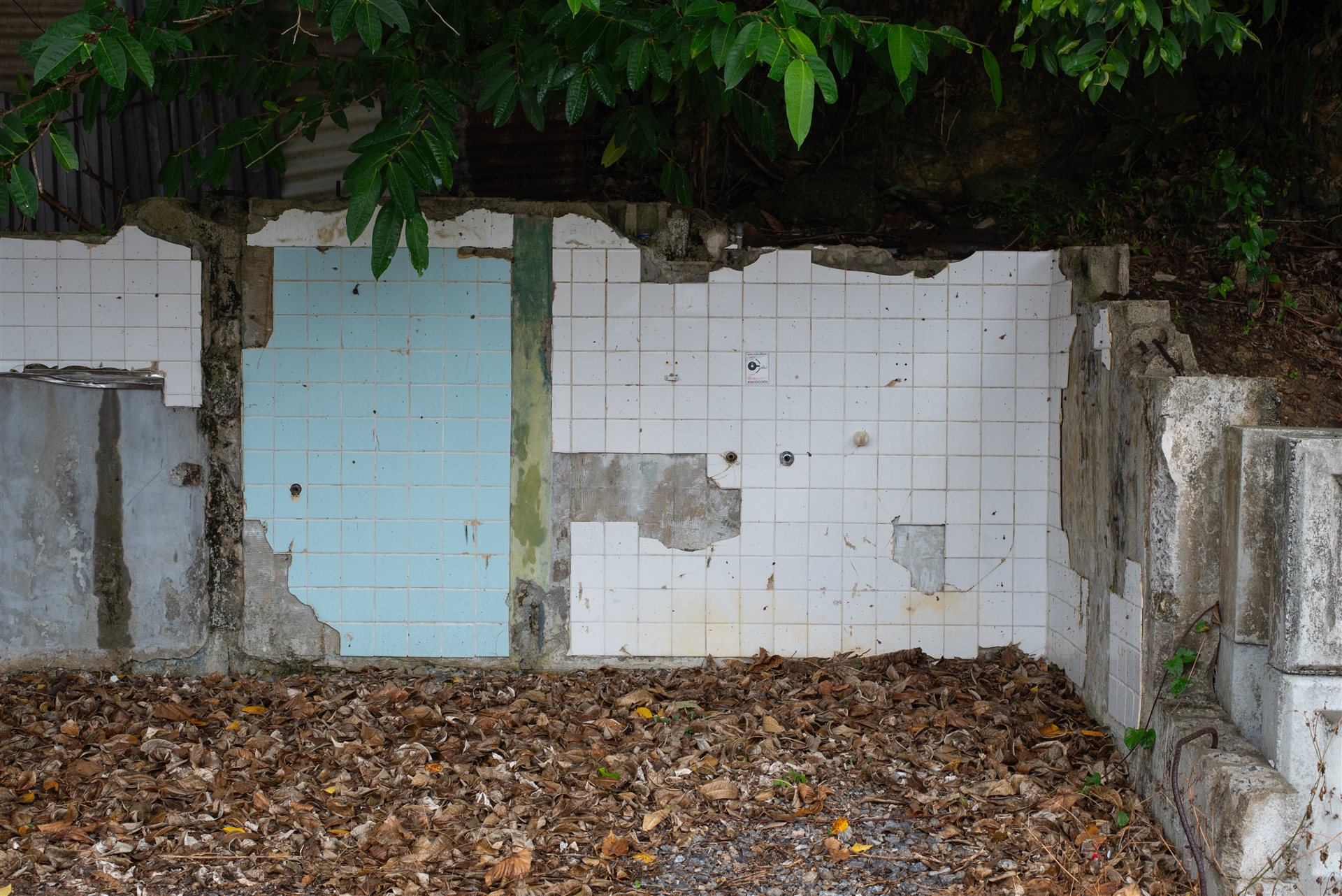 解体された住居に残るタイルの壁