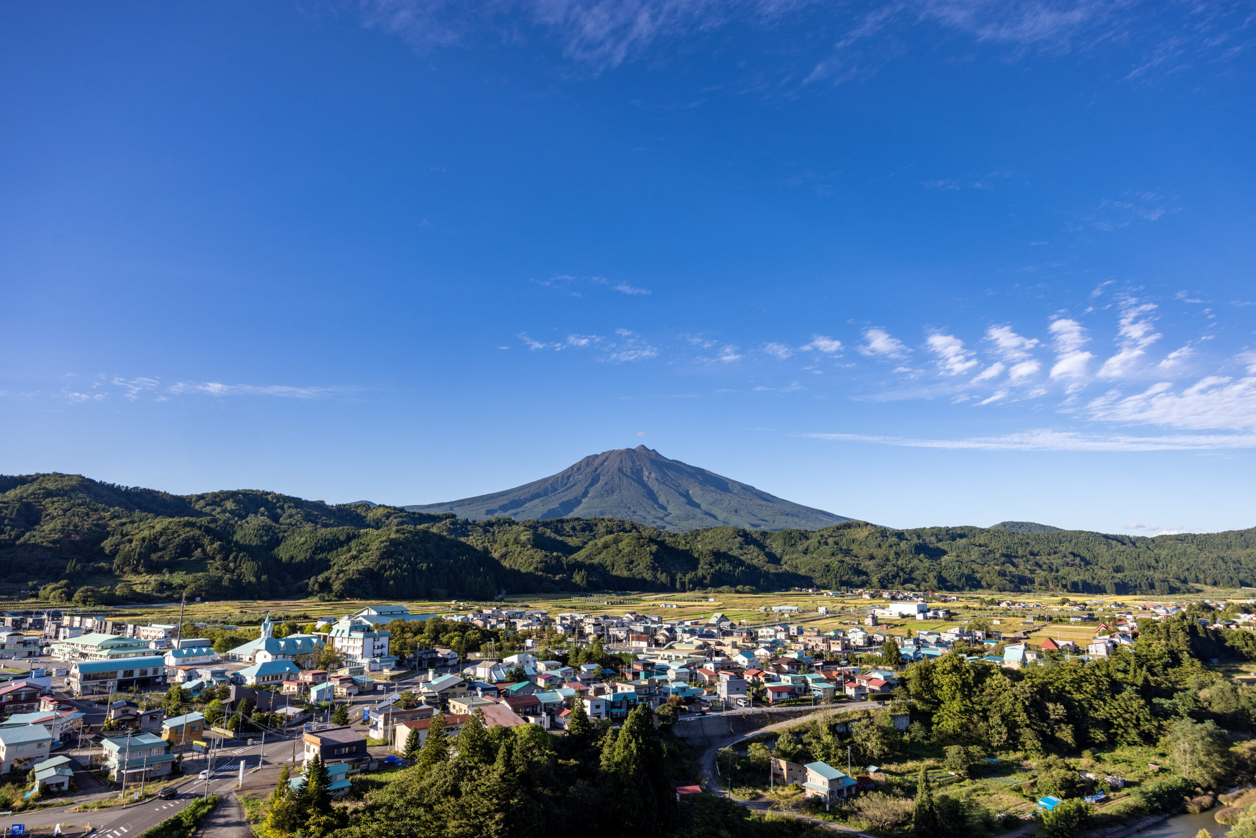 青森県の津軽平野の街並みと岩木山