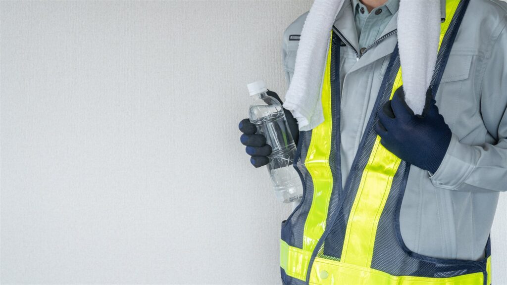 首にタオルを掛け水のペットボトルを持つ反射ベストの作業員