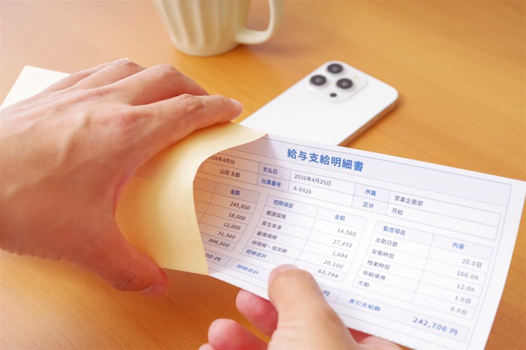 給与明細書を手に取って確かめる手元